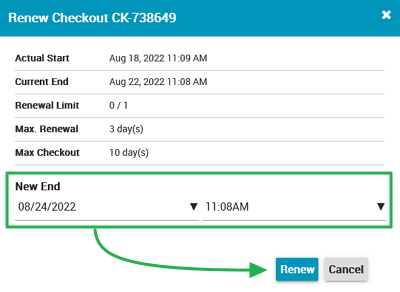 WebCheckout Patron Portal dialog box for renewing an active checkout allocation, selecting the updated return date and time, then selecting the 